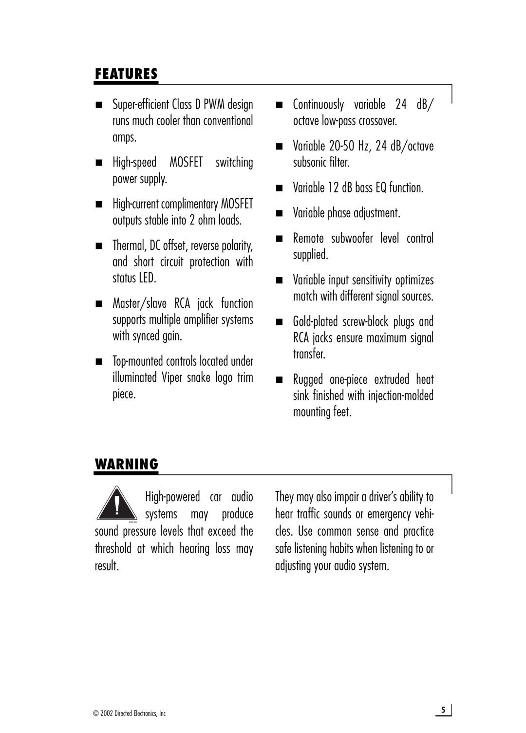 Directed Electronics d2500.1 manual Features, „ High-speed Mosfet switching power supply 