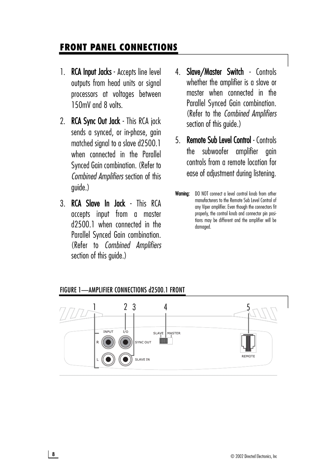 Directed Electronics manual Front Panel Connections, Amplifier Connections d2500.1 Front 