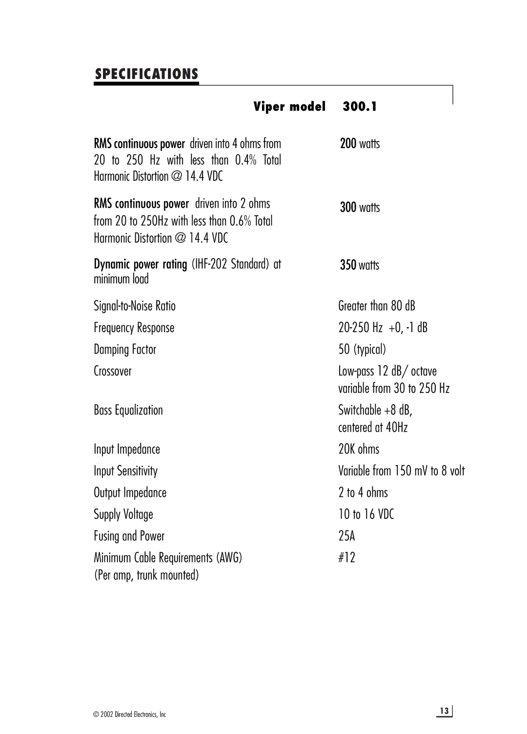 Directed Electronics d300.1 manual Specifications 