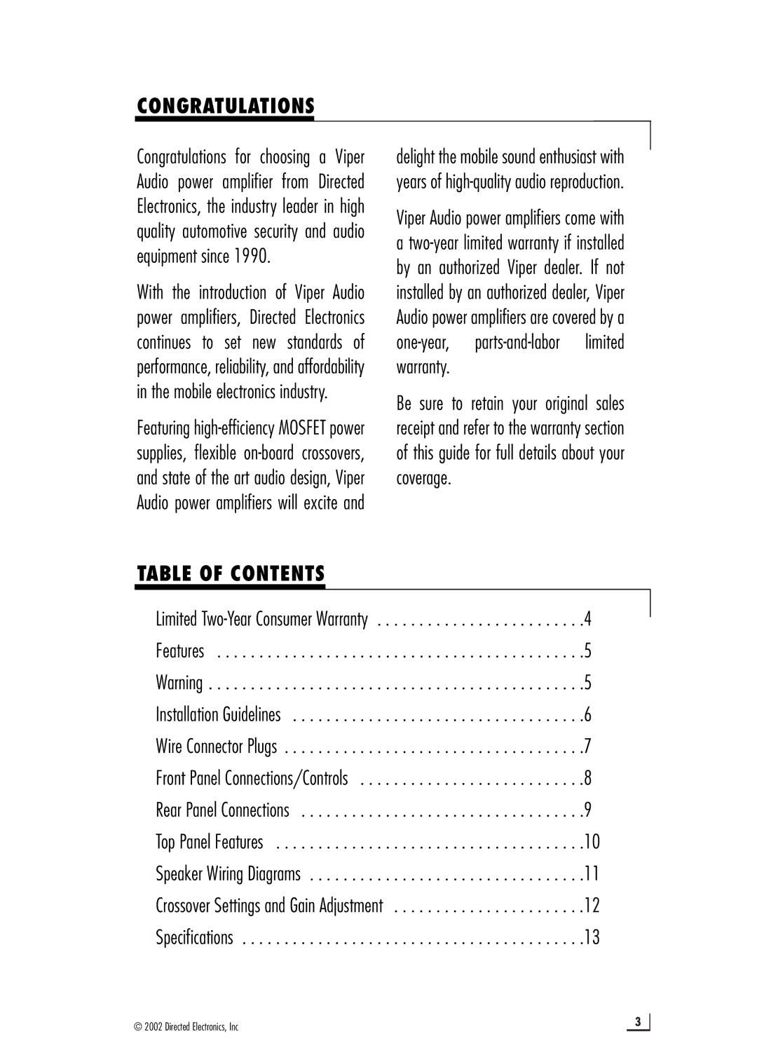 Directed Electronics d300.1 manual Congratulations, Table of Contents 