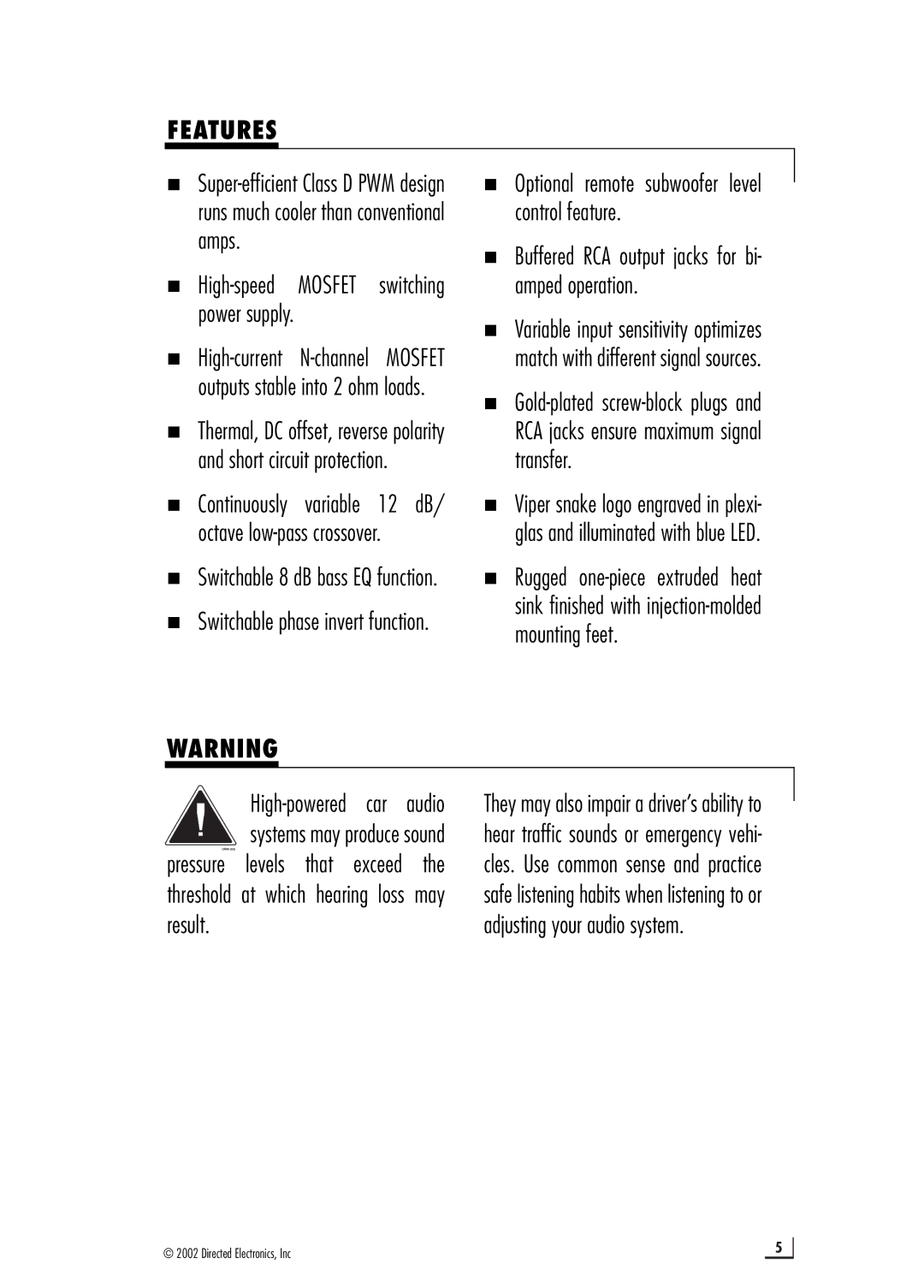 Directed Electronics d300.1 manual Features, „ High-speed Mosfet switching power supply 