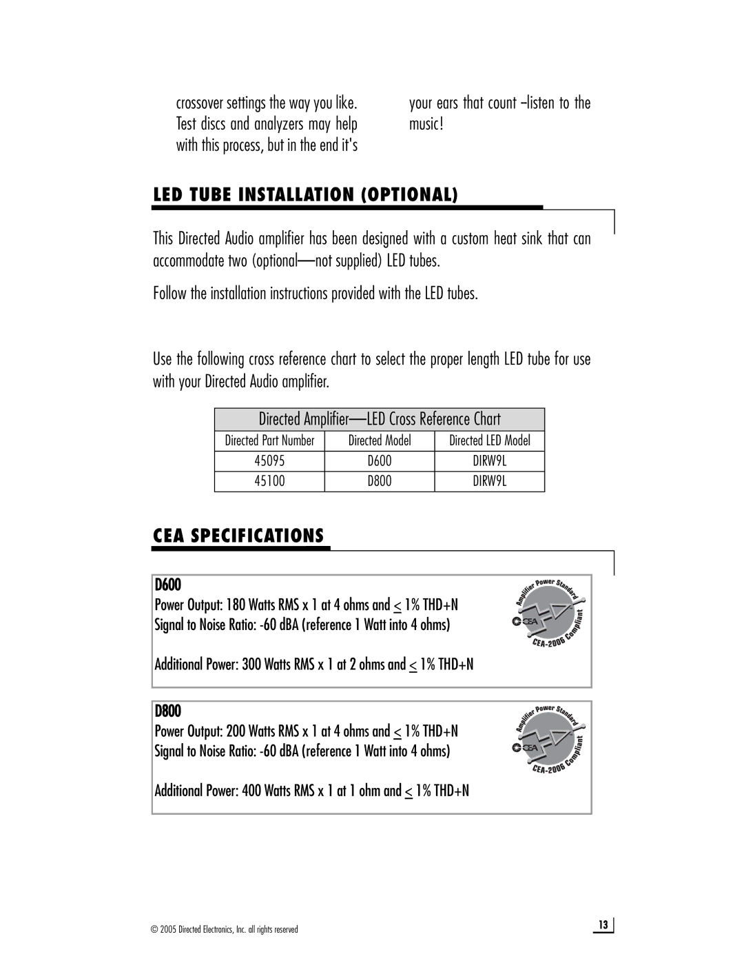 Directed Electronics D800, D600 owner manual LED Tube Installation Optional, CEA Specifications 