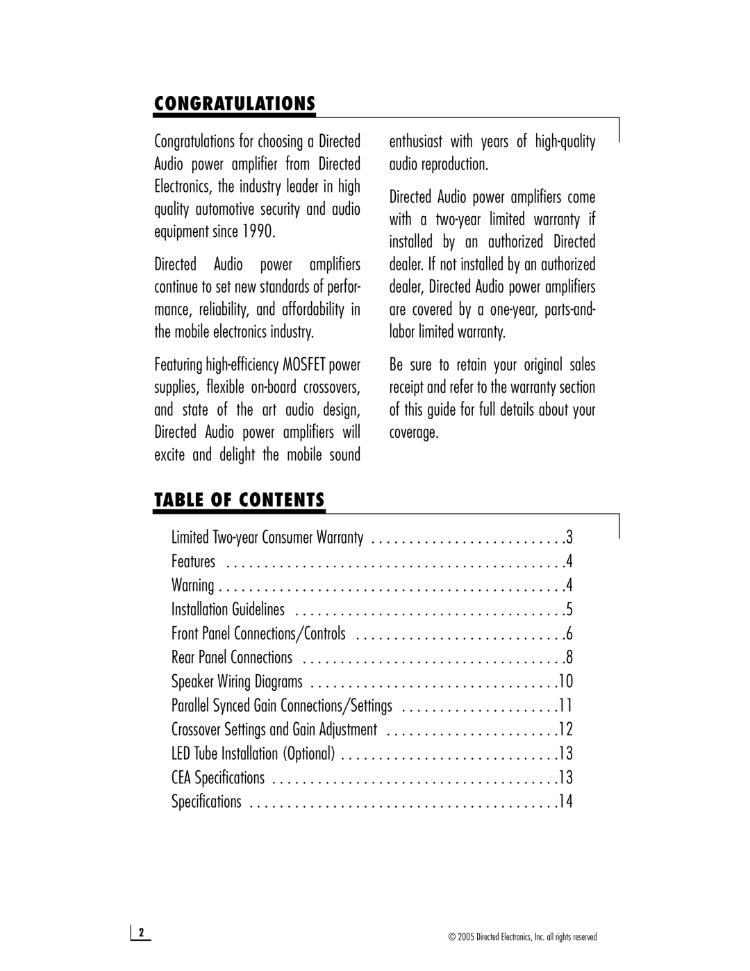 Directed Electronics D600, D800 owner manual Congratulations, Table of Contents 