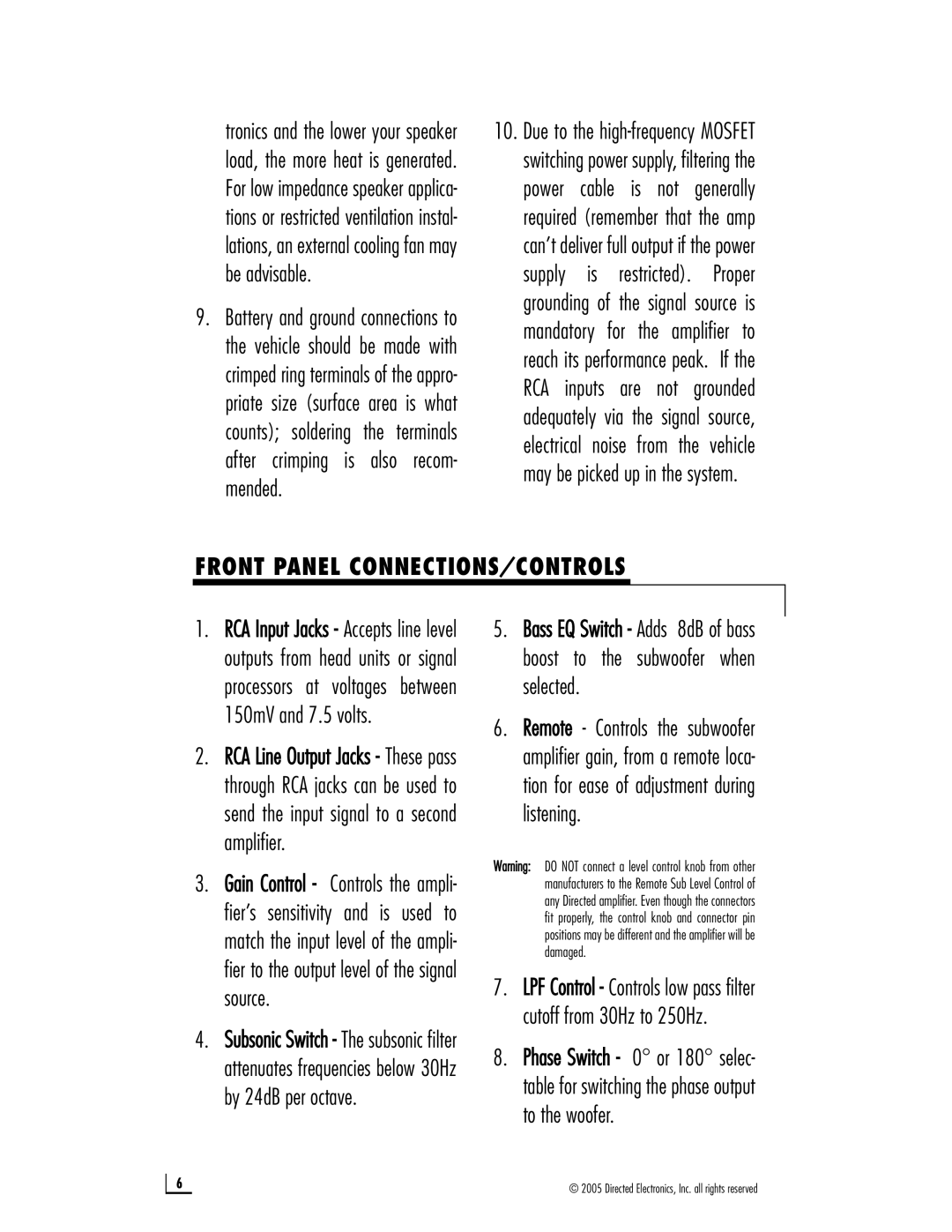 Directed Electronics D600, D800 owner manual Front Panel CONNECTIONS/CONTROLS 