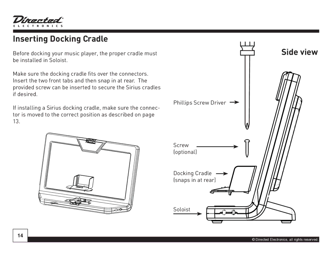 Directed Electronics Desktop Docking Station manual Inserting Docking Cradle, Side view 