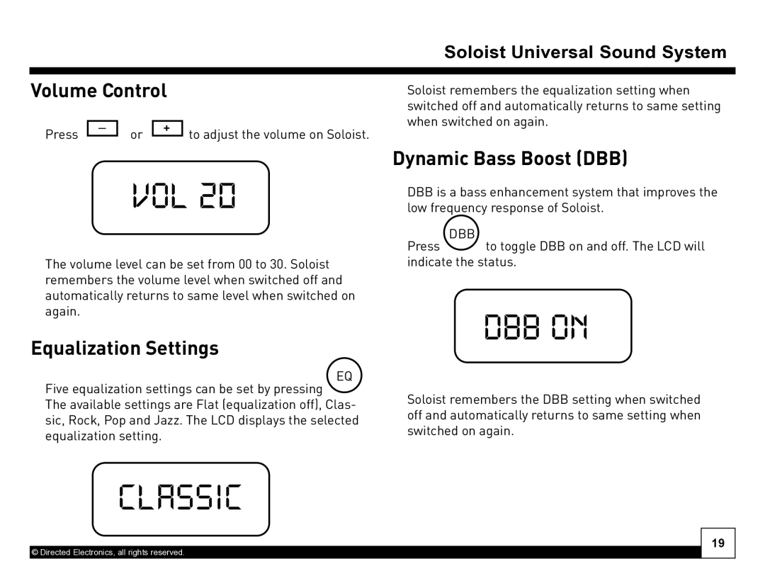 Directed Electronics Desktop Docking Station manual Volume Control, Equalization Settings, Dynamic Bass Boost DBB 