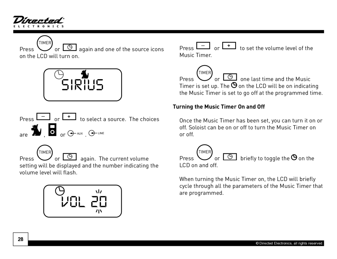 Directed Electronics Desktop Docking Station manual Turning the Music Timer On and Off 