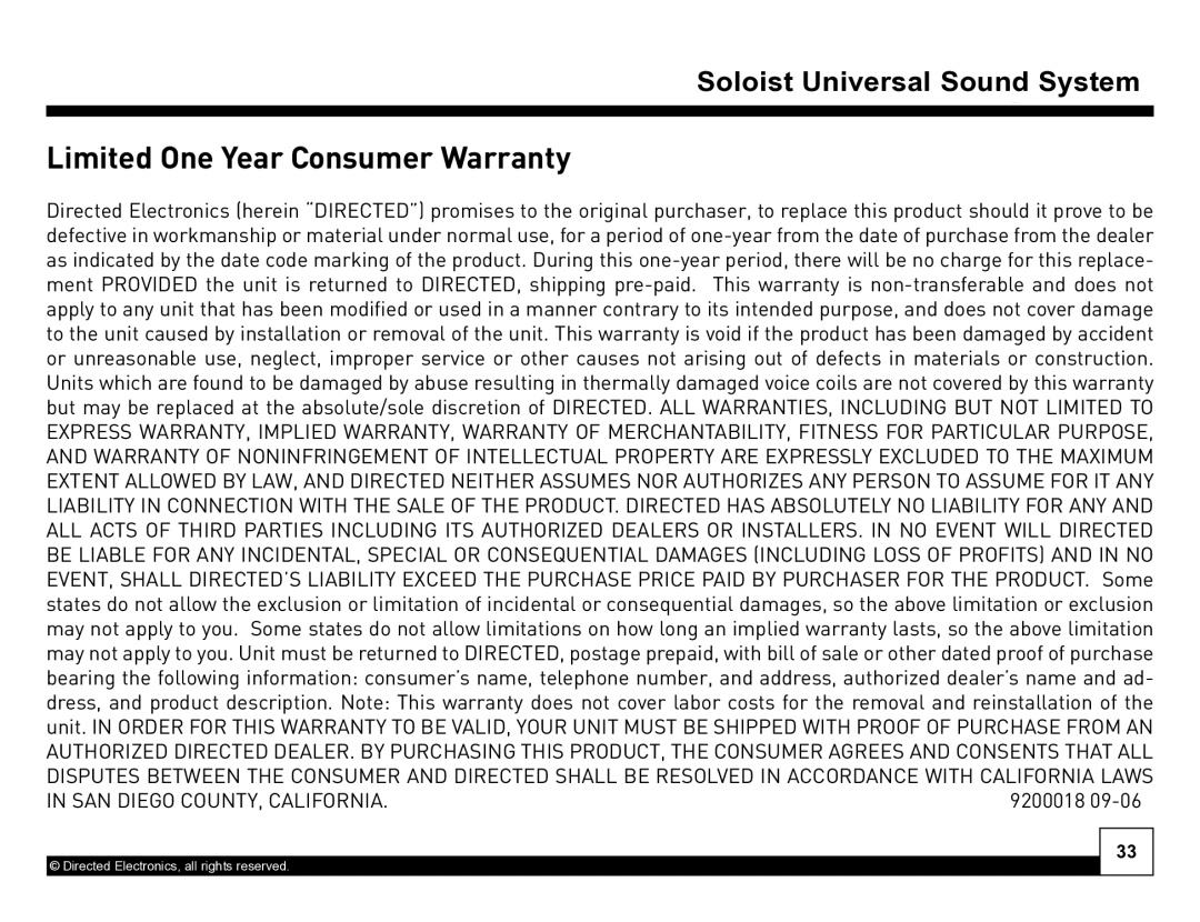 Directed Electronics Desktop Docking Station manual Limited One Year Consumer Warranty, SAN Diego COUNTY, California 