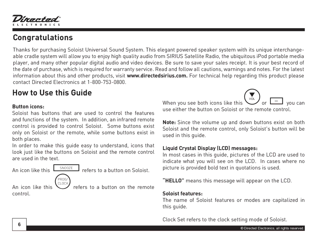 Directed Electronics Desktop Docking Station manual Congratulations How to Use this Guide, Button icons, Soloist features 