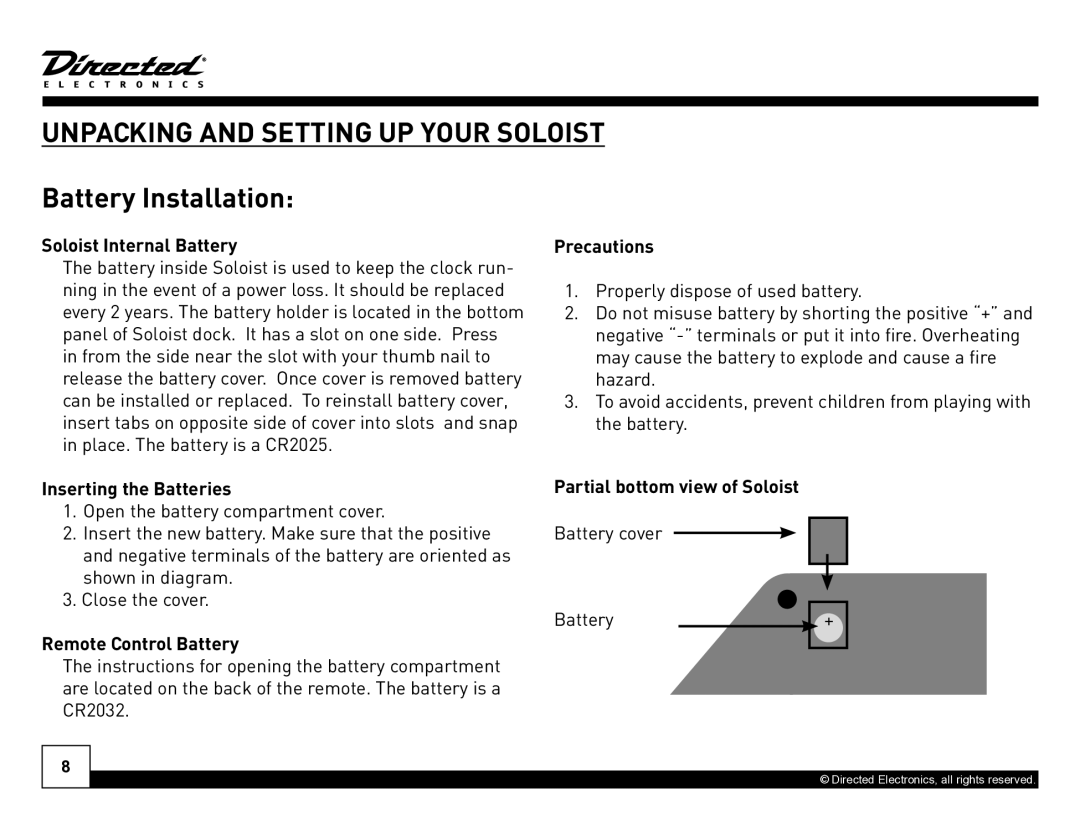 Directed Electronics Desktop Docking Station manual Battery Installation 