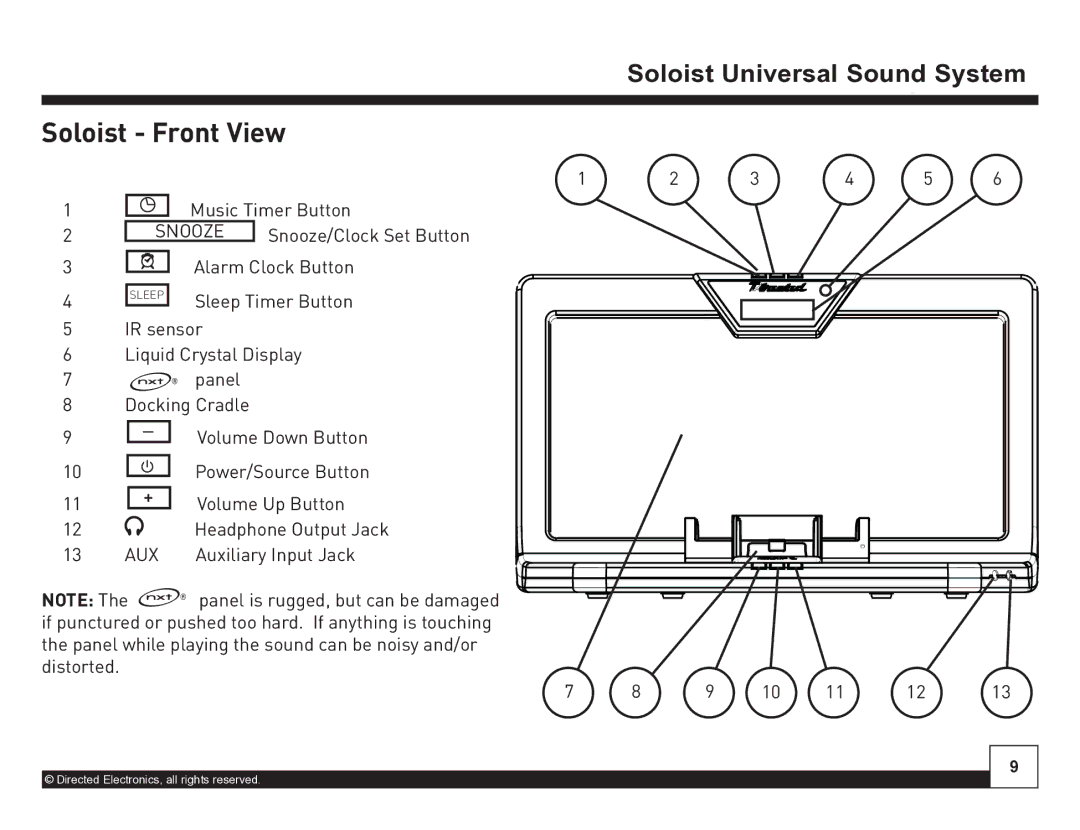 Directed Electronics Desktop Docking Station manual Soloist Front View, Snooze 