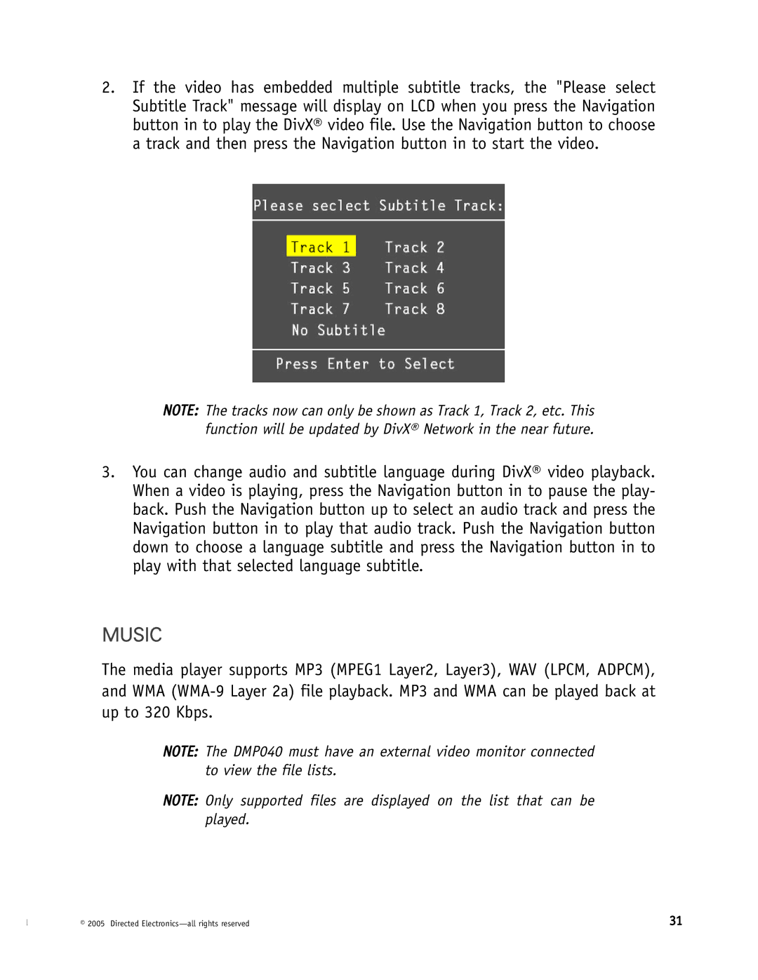 Directed Electronics DMP040, DMP740 manual Music 