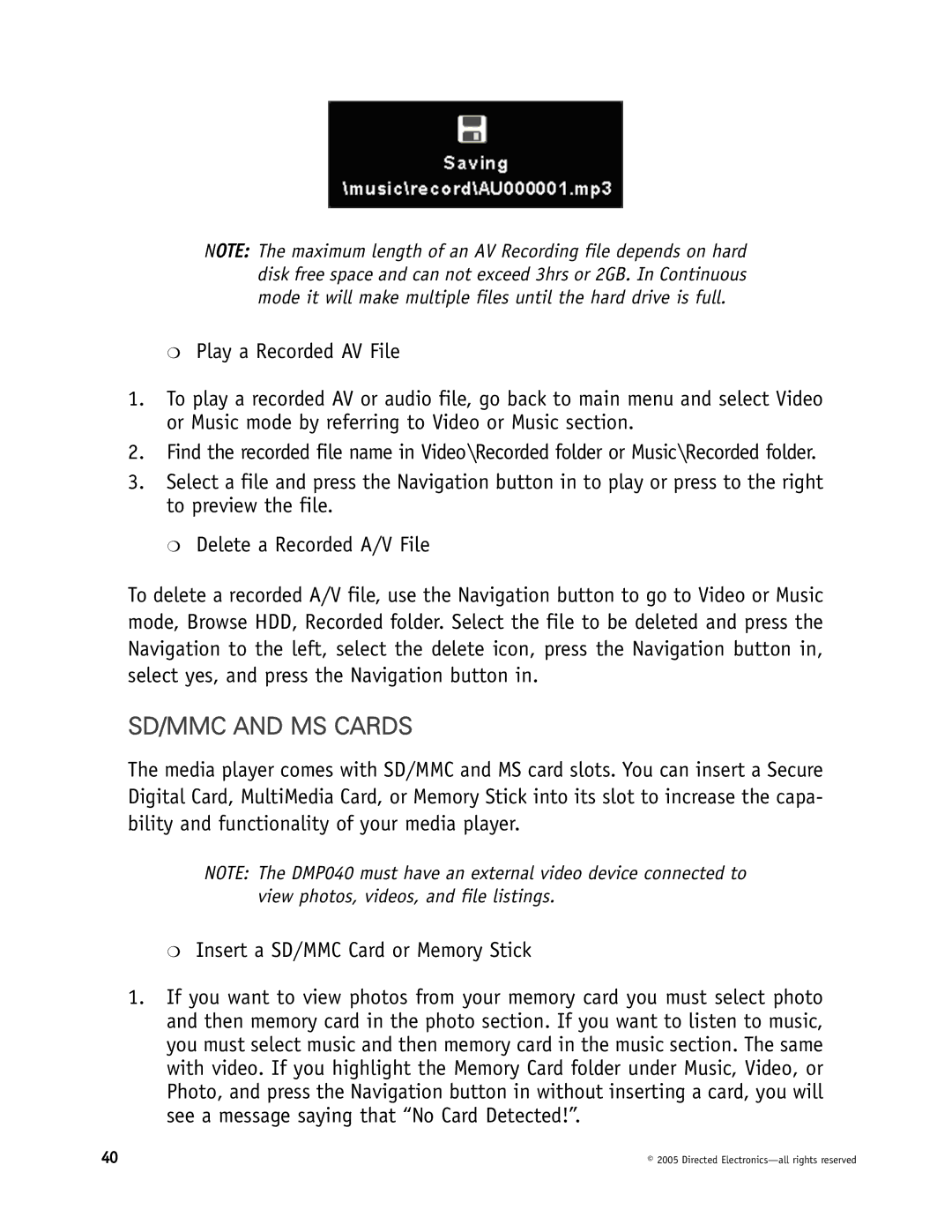 Directed Electronics DMP740, DMP040 manual SD/MMC and MS Cards 
