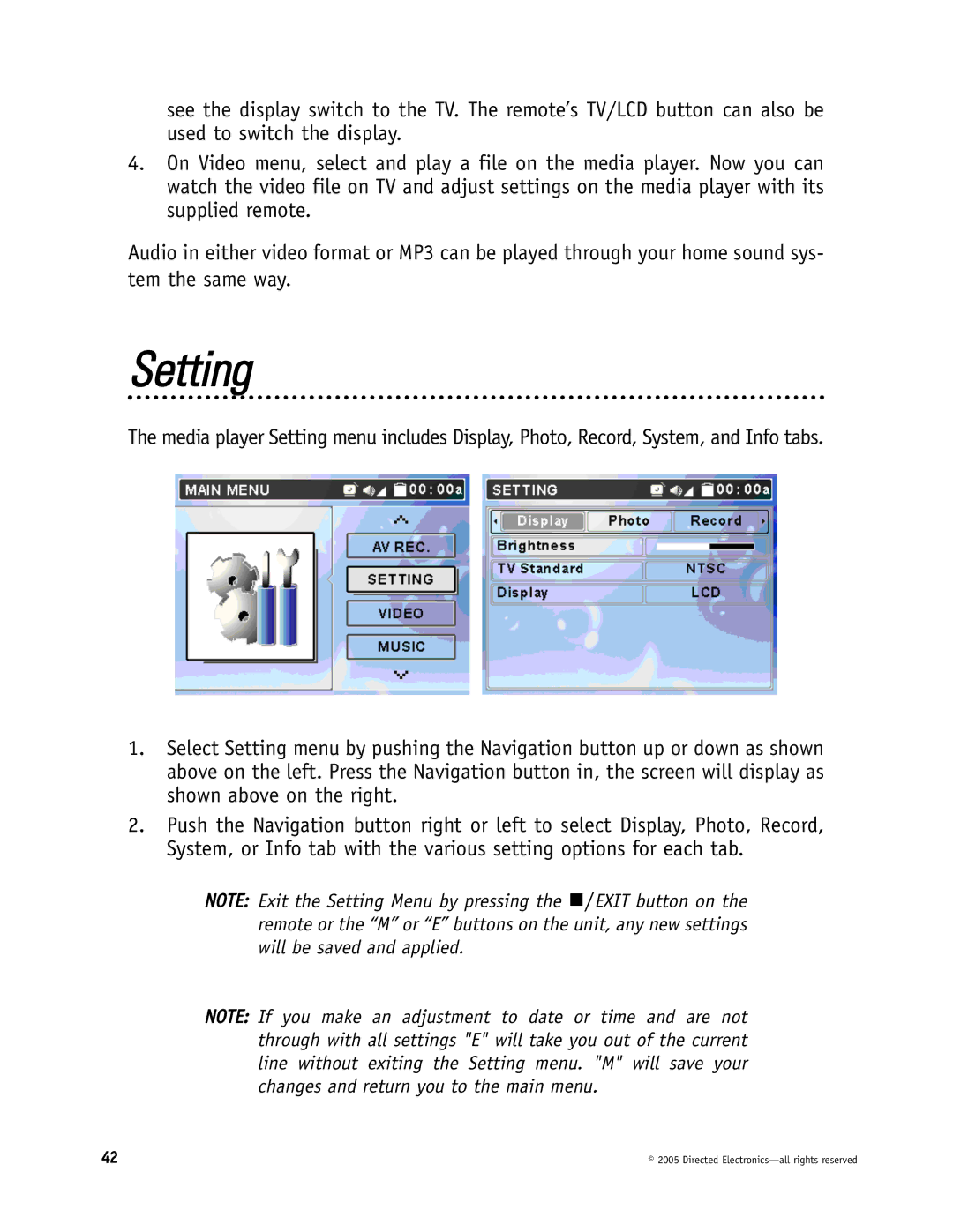 Directed Electronics DMP740, DMP040 manual Setting 