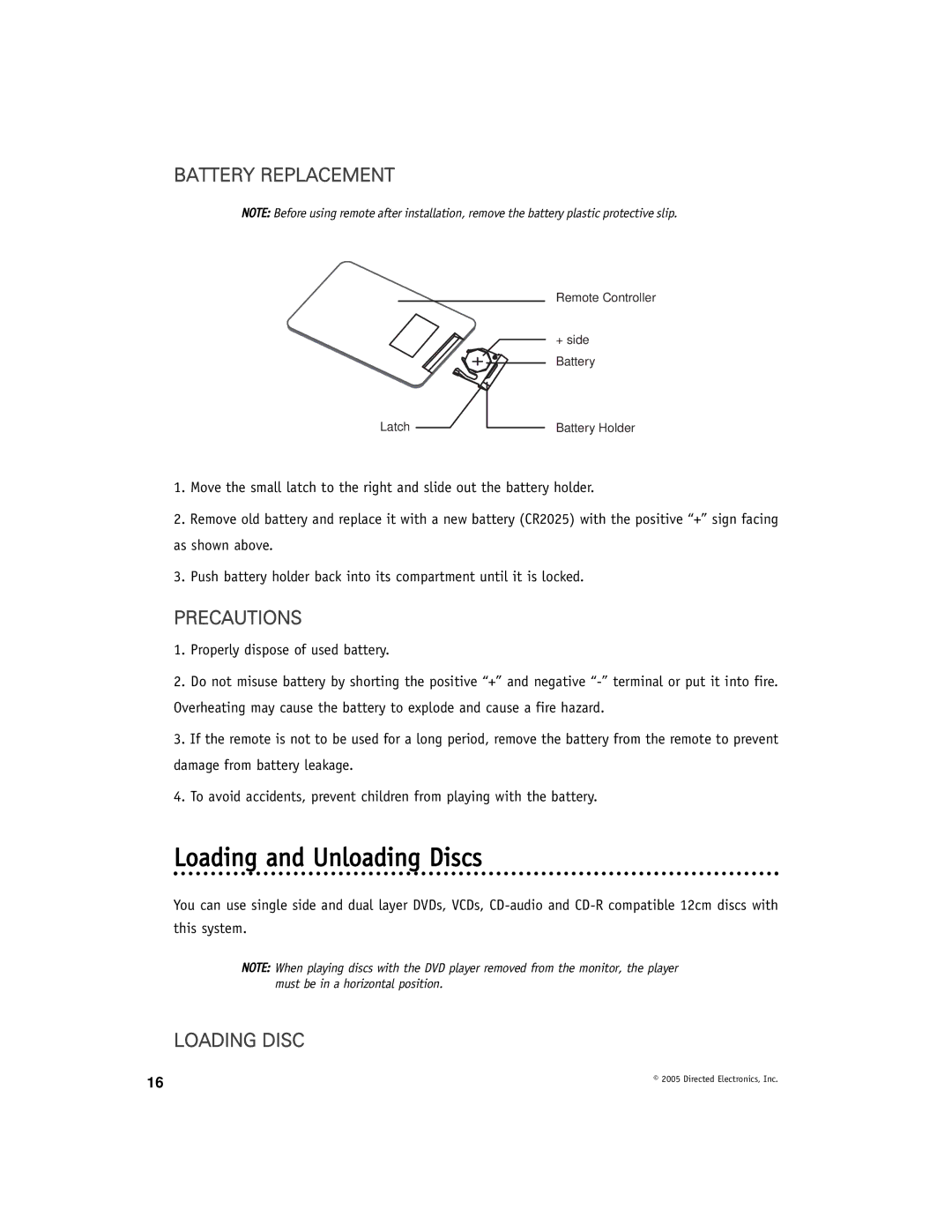 Directed Electronics DV-POD manual Loading and Unloading Discs, Battery Replacement, Precautions, Loading Disc 