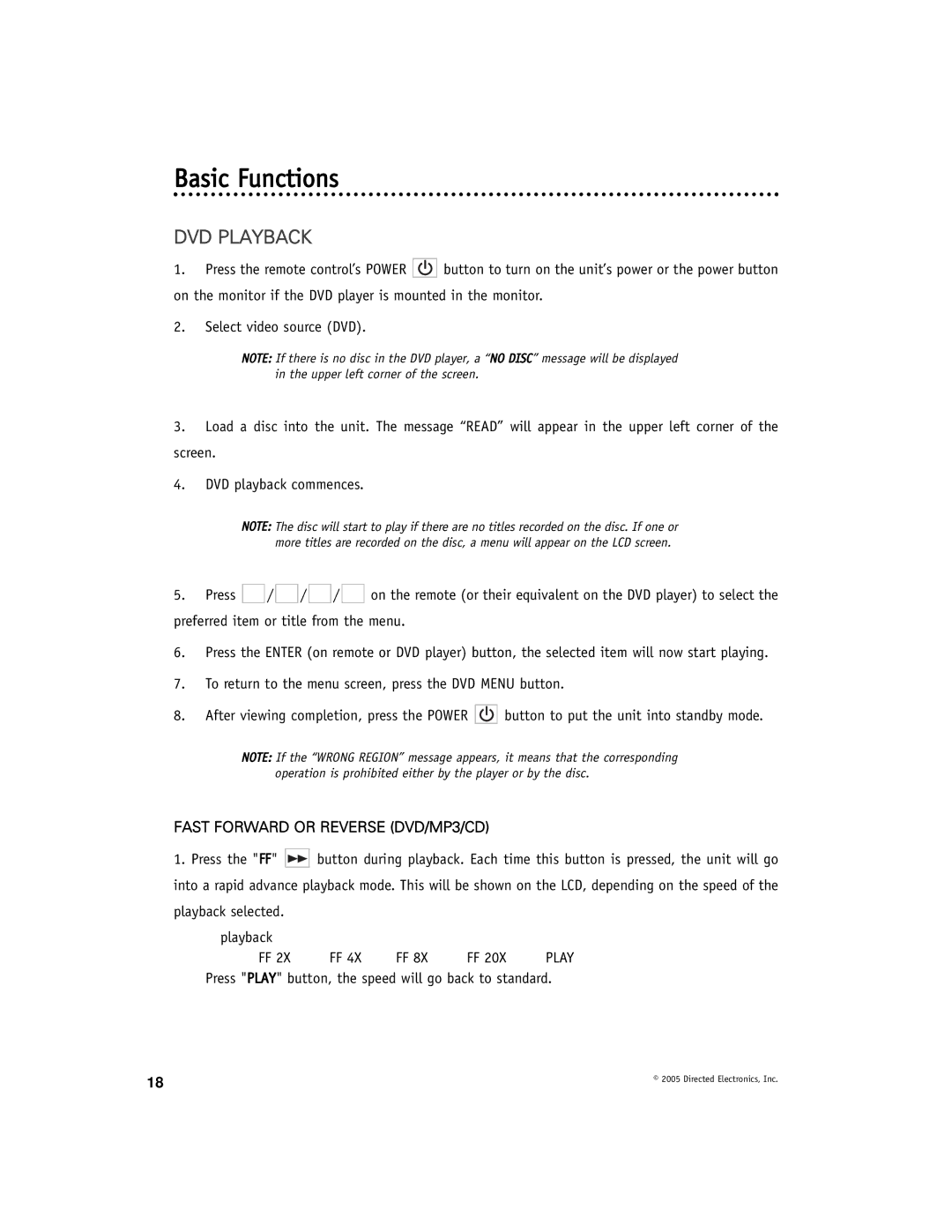 Directed Electronics DV-POD manual Basic Functions, DVD Playback, Fast Forward or Reverse DVD/MP3/CD 