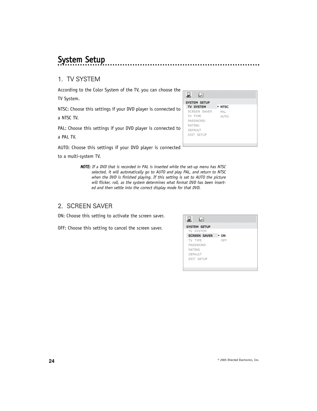 Directed Electronics DV-POD manual System Setup, TV System, Screen Saver 