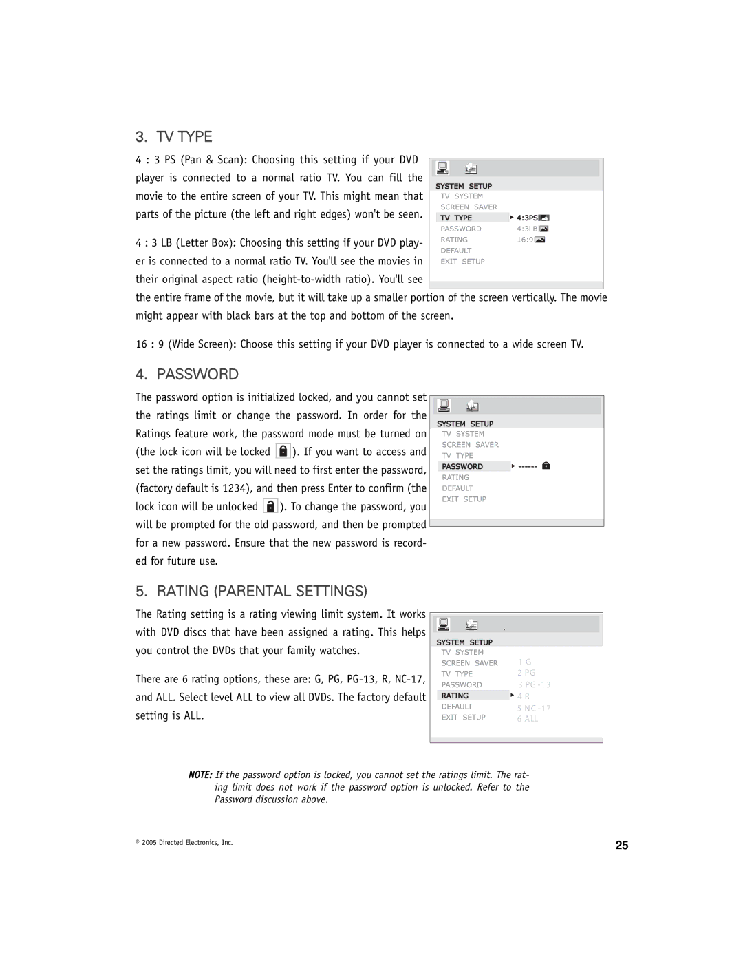 Directed Electronics DV-POD manual TV Type, Password, Rating Parental Settings 