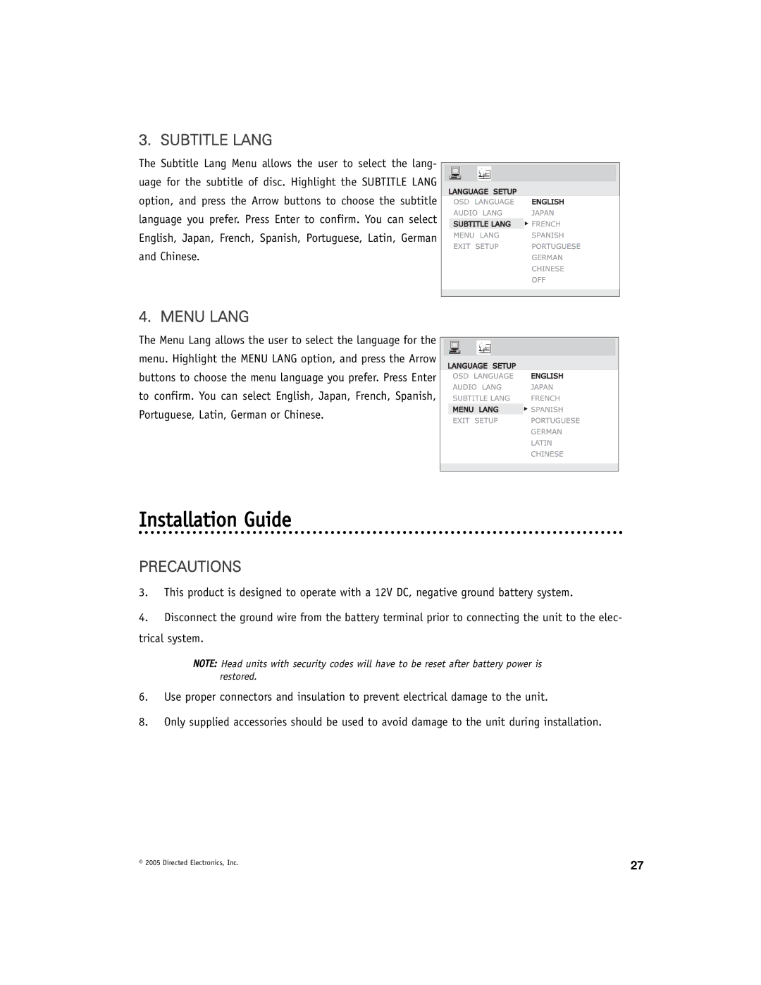 Directed Electronics DV-POD manual Installation Guide, Subtitle Lang, Menu Lang 