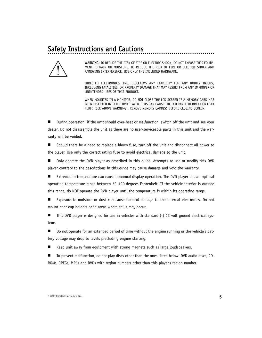 Directed Electronics DV-POD manual Safety Instructions and Cautions 