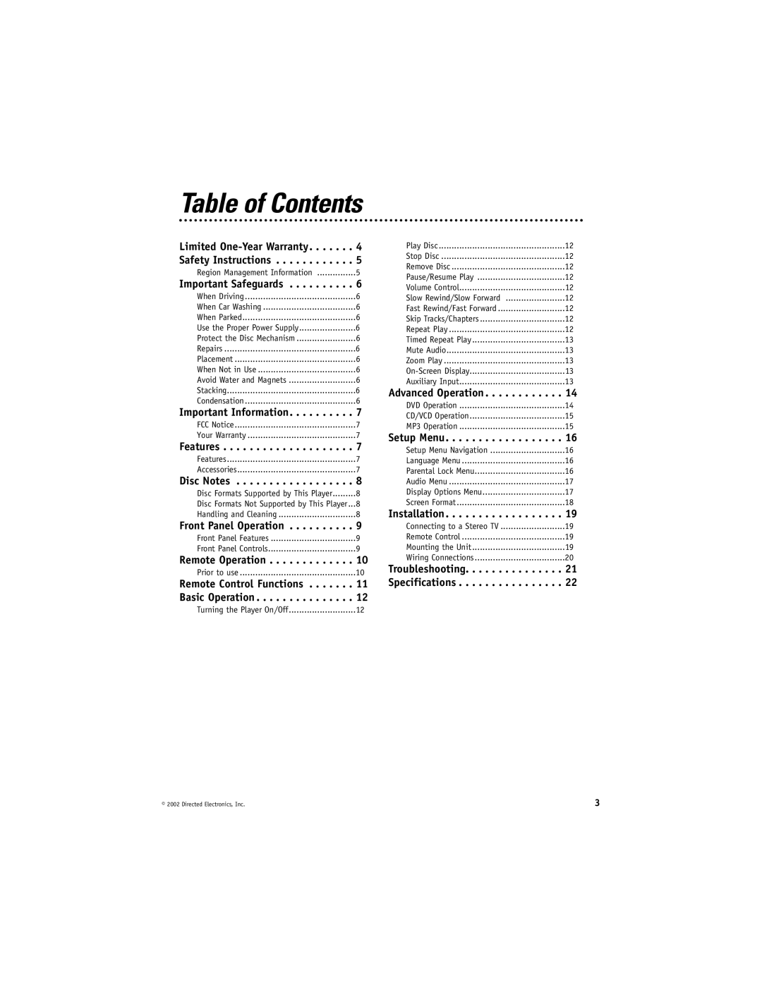 Directed Electronics DV2000 manual Table of Contents 