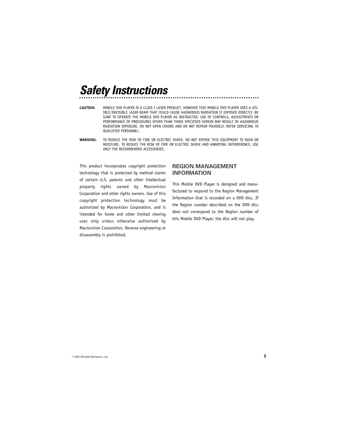 Directed Electronics DV2000 manual Safety Instructions, Region Management Information 