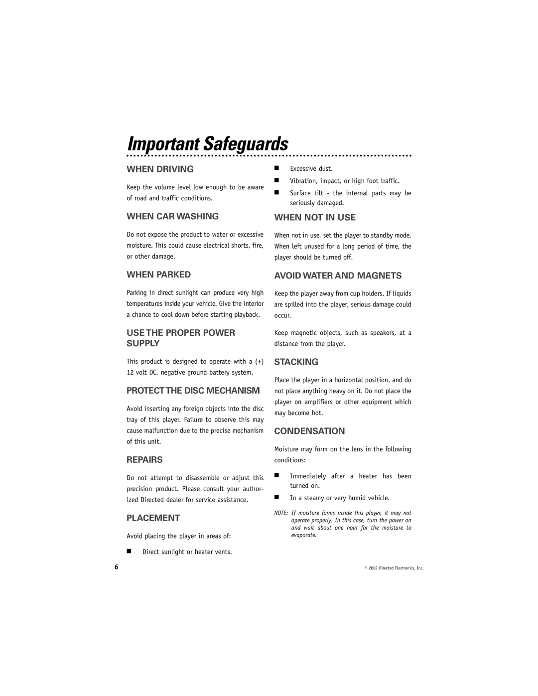 Directed Electronics DV2000 manual Important Safeguards 