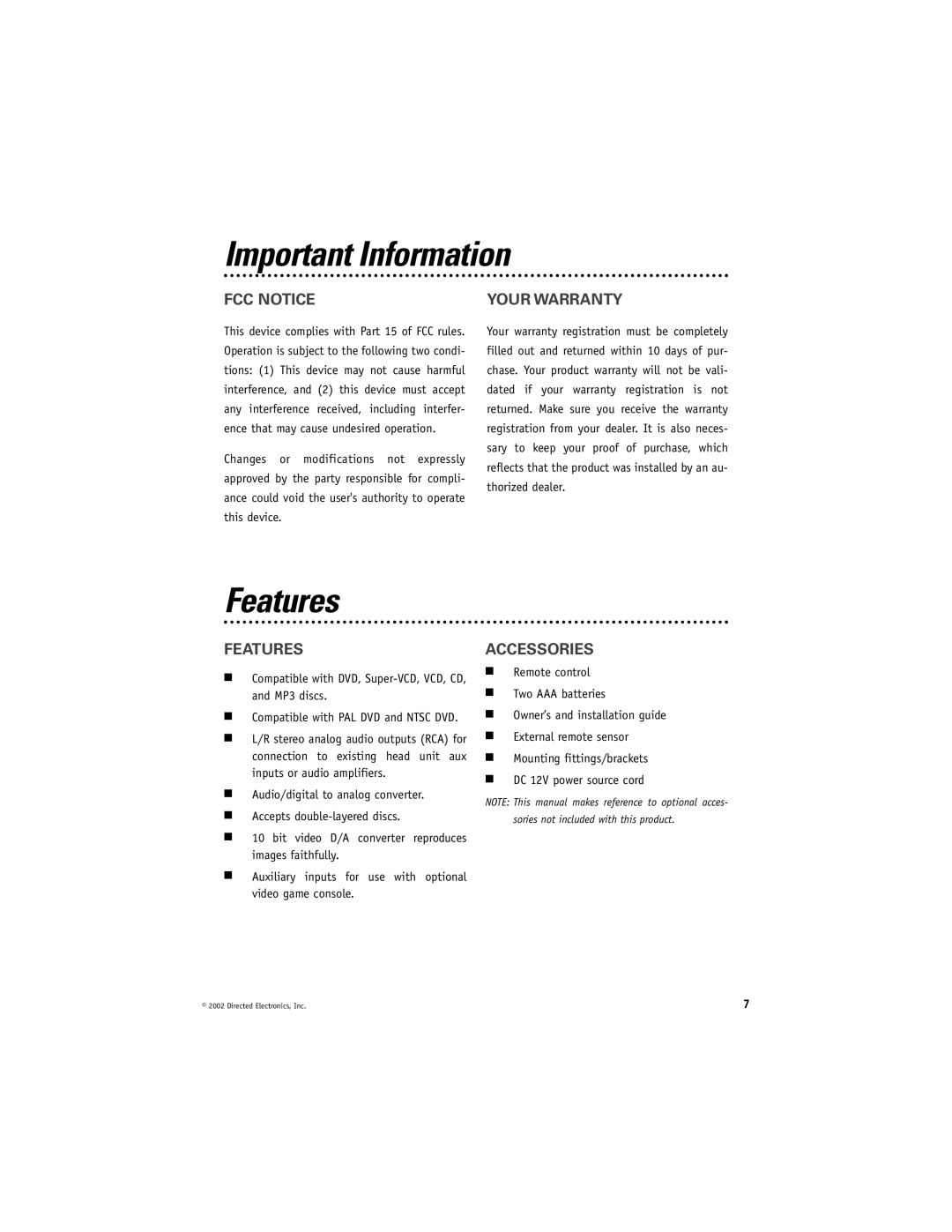 Directed Electronics DV2000 manual Important Information, Features 