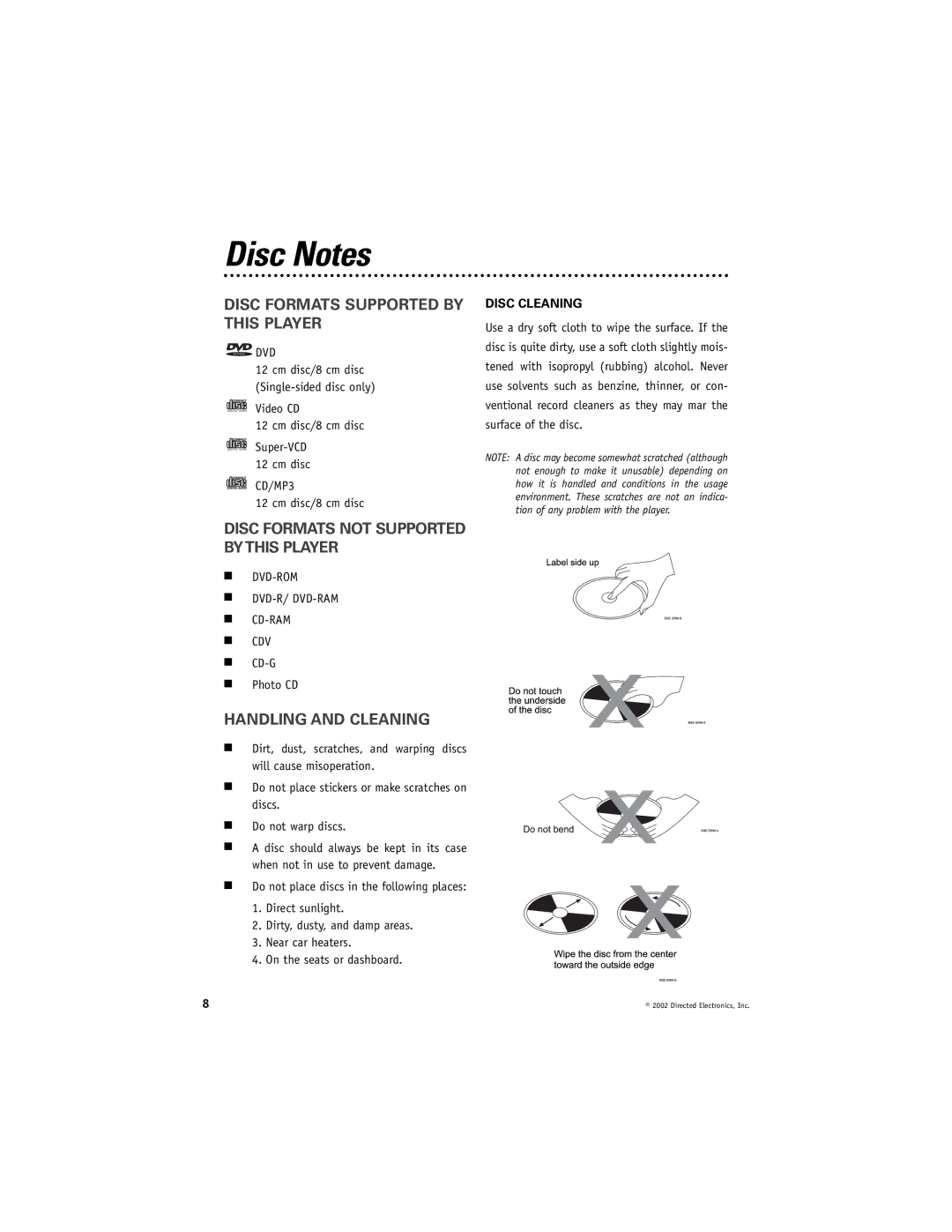 Directed Electronics DV2000 Disc Notes, Disc Formats Supported by this Player, Disc Formats not Supported Bythis Player 