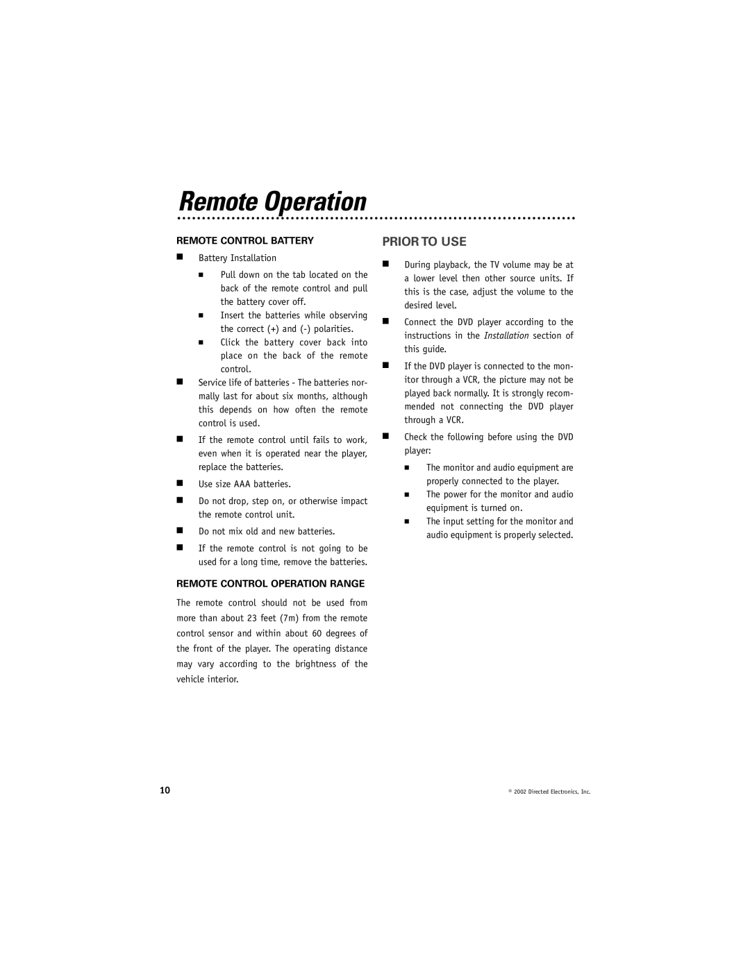 Directed Electronics DV2005 manual Remote Operation, Prior to USE, Remote Control Battery, Remote Control Operation Range 