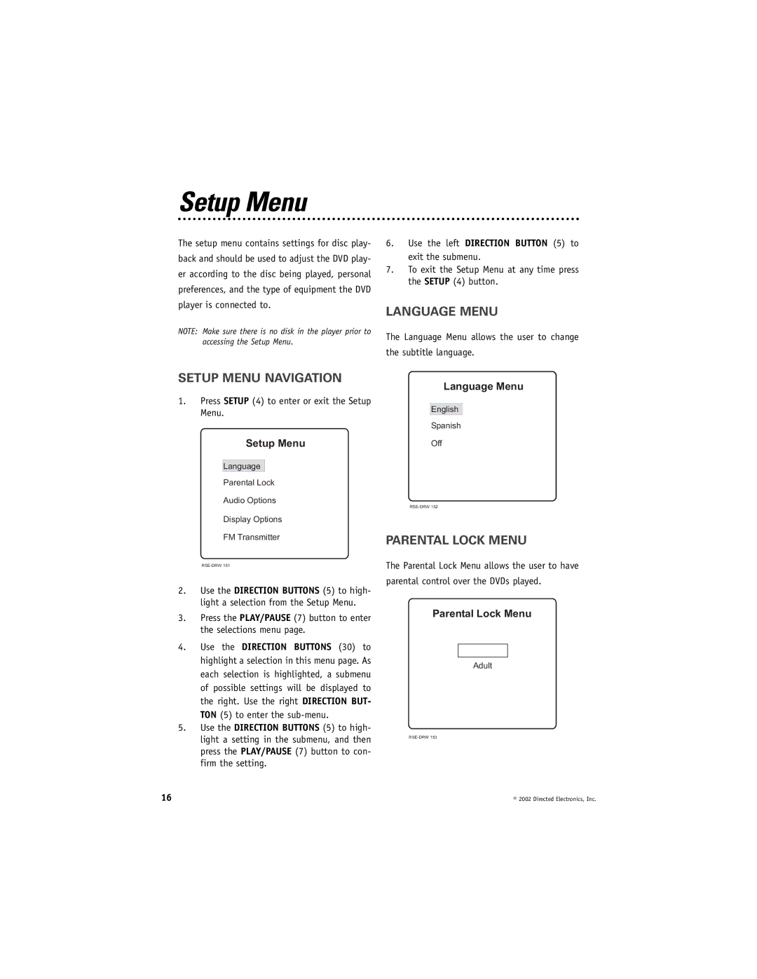 Directed Electronics DV2005 manual Language Menu, Setup Menu Navigation, Parental Lock Menu 