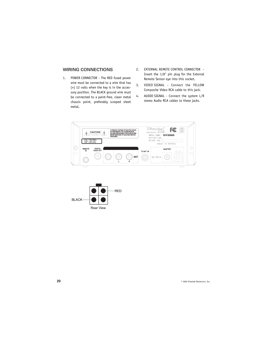 Directed Electronics DV2005 manual Wiring Connections 