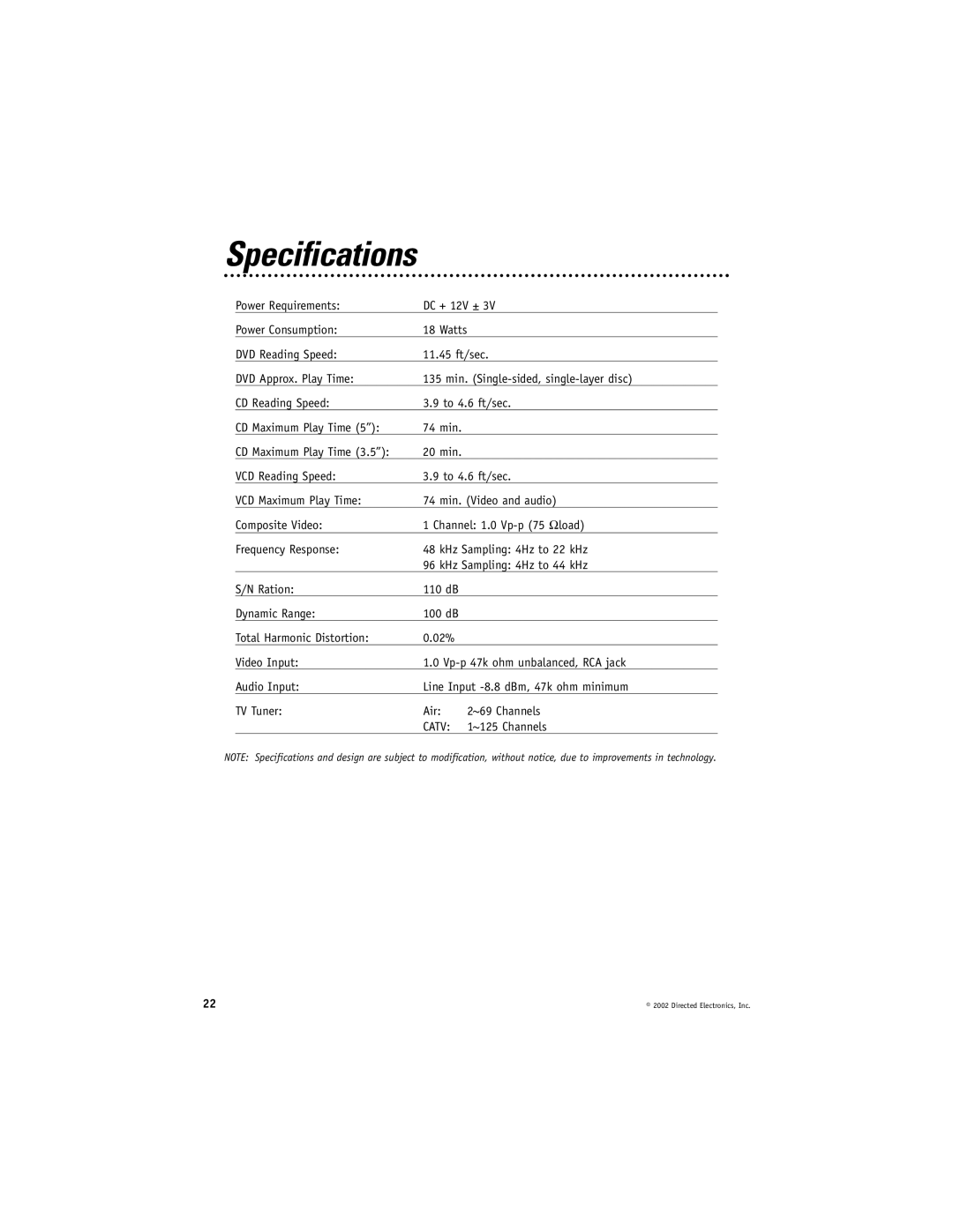 Directed Electronics DV2005 manual Specifications, Power Requirements DC + 12V ± Power Consumption, ~125 Channels 