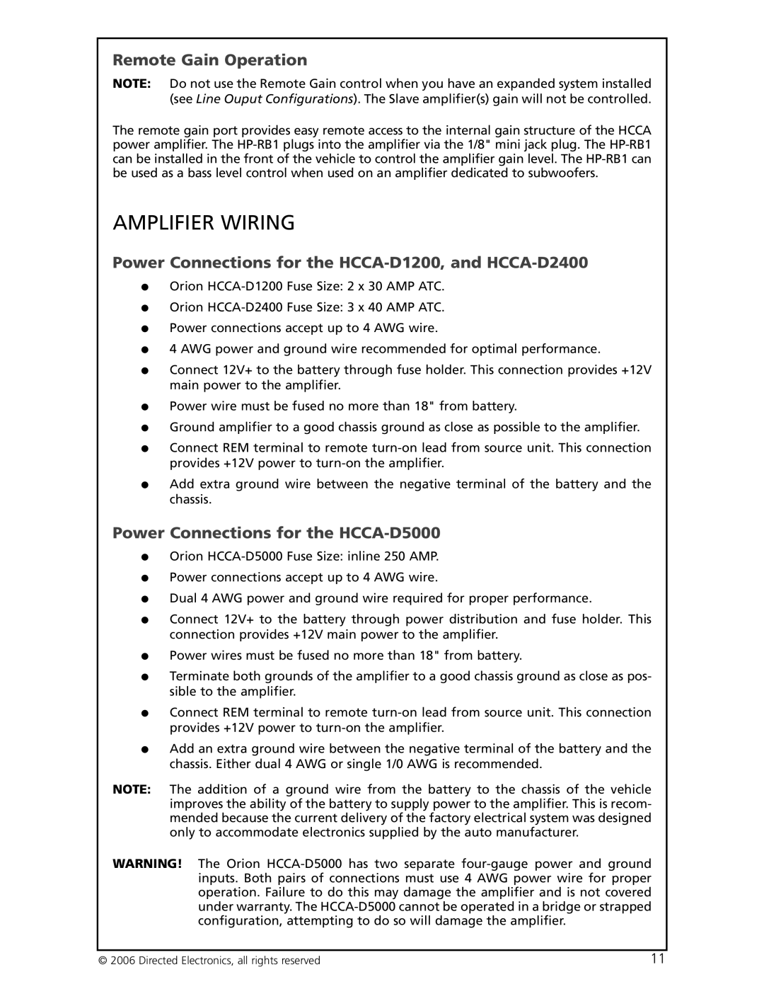 Directed Electronics HCCA-D1200 warranty Amplifier Wiring, Remote Gain Operation, Power Connections for the HCCA-D5000 