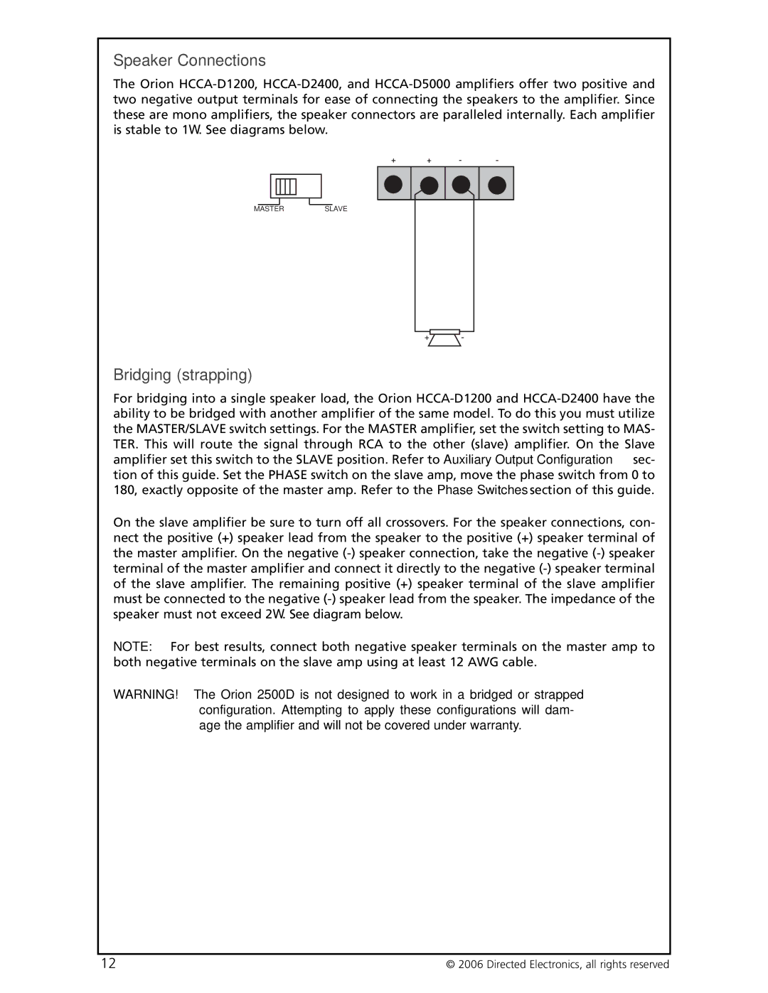 Directed Electronics HCCA-D1200 warranty Speaker Connections, Bridging strapping 