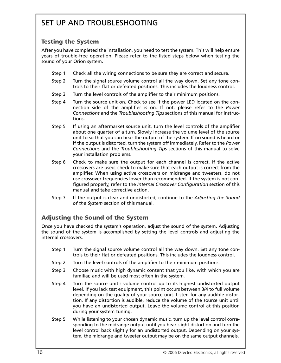 Directed Electronics HCCA-D1200 warranty SET UP and Troubleshooting, Testing the System, Adjusting the Sound of the System 