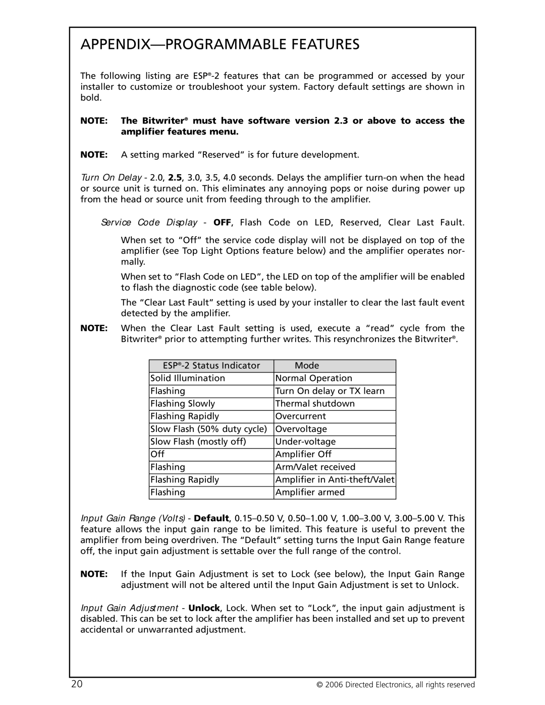 Directed Electronics HCCA-D1200 warranty APPENDIX-PROGRAMMABLE Features 