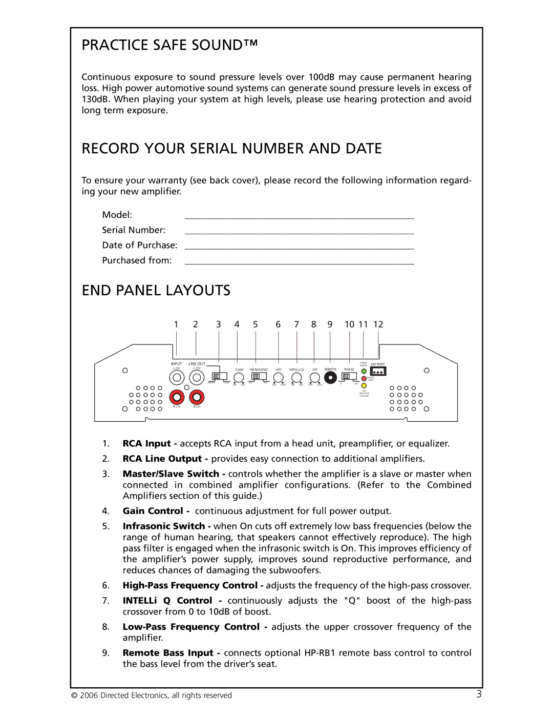 Directed Electronics HCCA-D1200 warranty Practice Safe Sound, Record Your Serial Number and Date, END Panel Layouts 