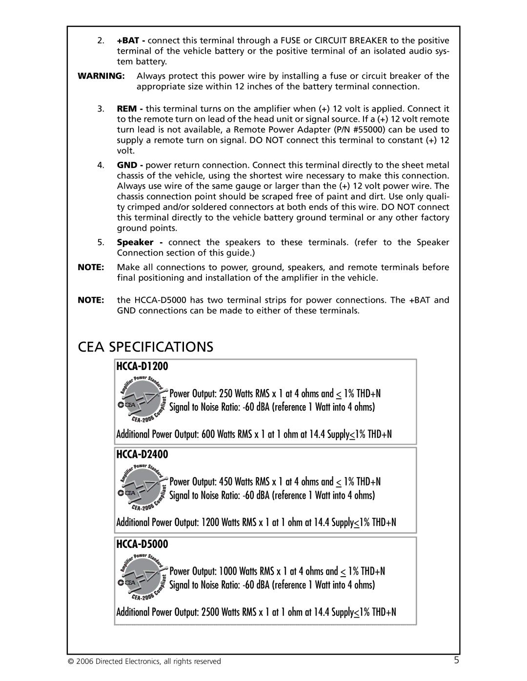 Directed Electronics HCCA-D1200 warranty CEA Specifications 