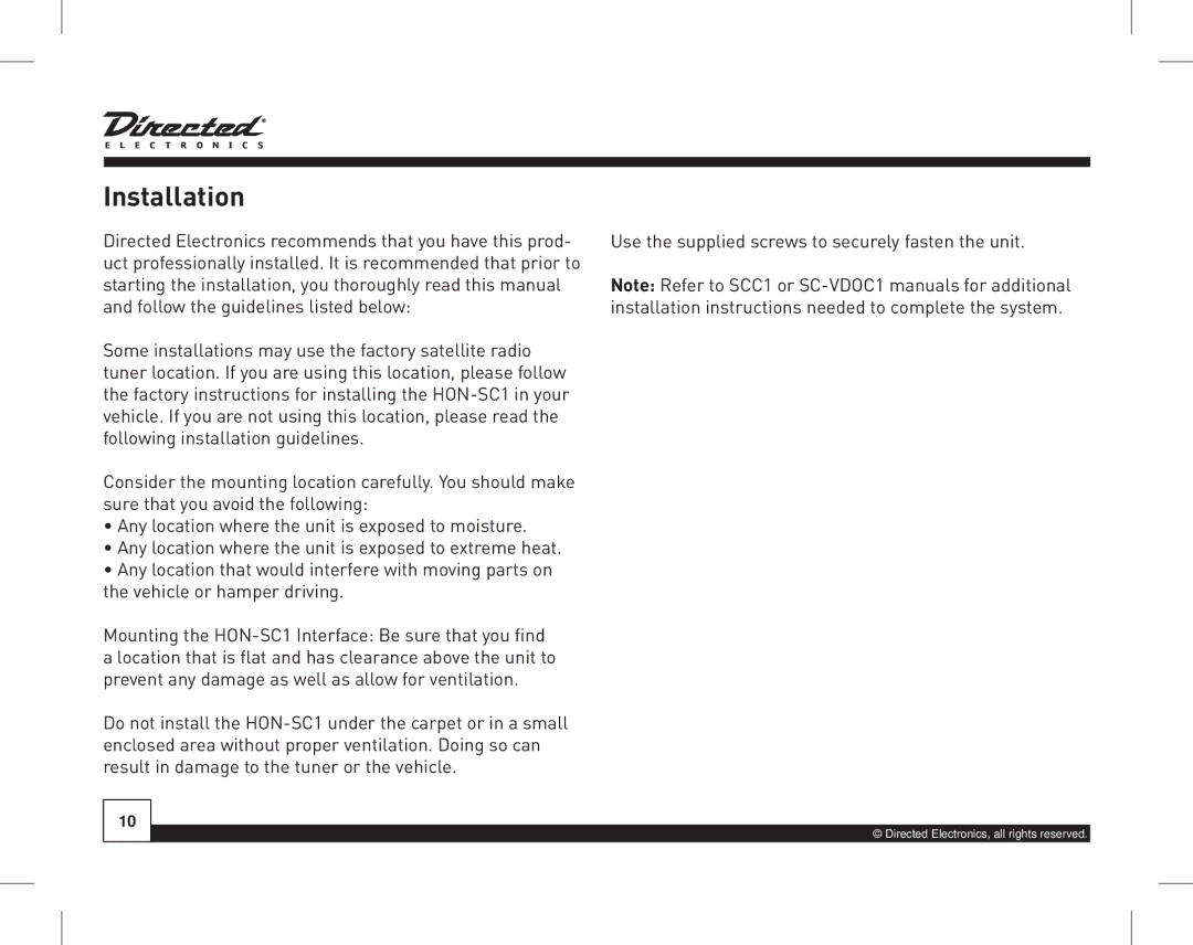 Directed Electronics HON-SC1 manual Installation 