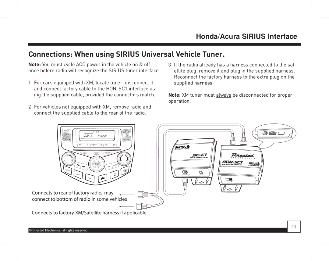 Directed Electronics HON-SC1 manual Connections When using Sirius Universal Vehicle Tuner, XM1-1 CH-001 