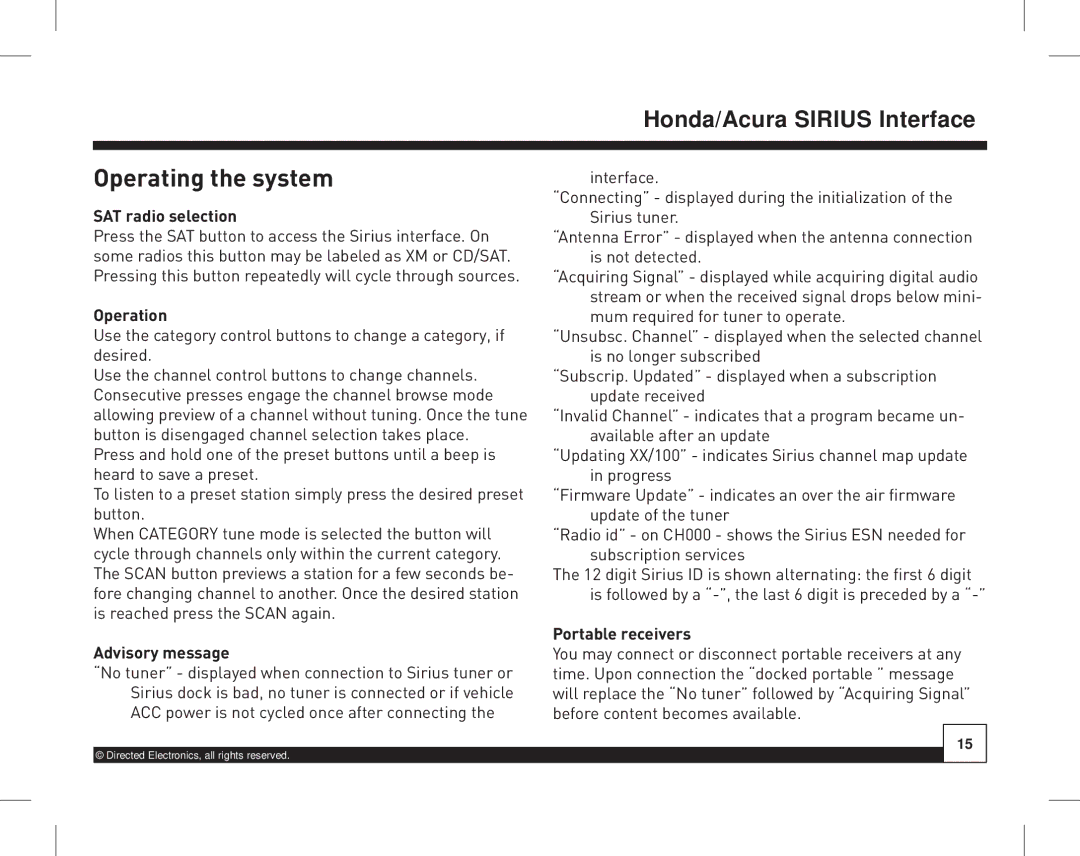 Directed Electronics HON-SC1 Operating the system, SAT radio selection, Operation, Advisory message, Portable receivers 