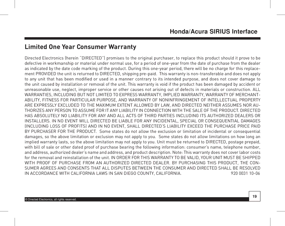 Directed Electronics HON-SC1 manual Limited One Year Consumer Warranty 