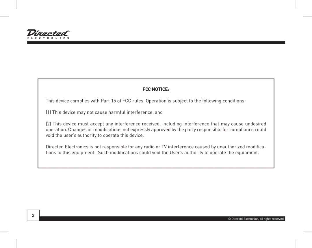 Directed Electronics HON-SC1 manual FCC Notice 