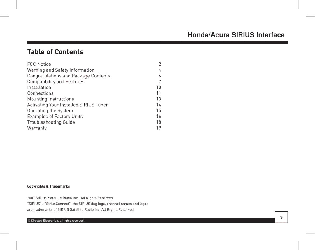 Directed Electronics HON-SC1 manual Table of Contents 