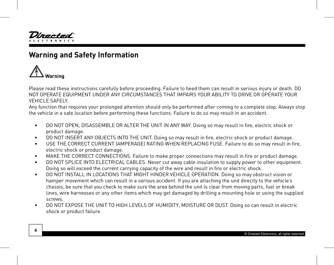 Directed Electronics HON-SC1 manual Directed Electronics, all rights reserved 