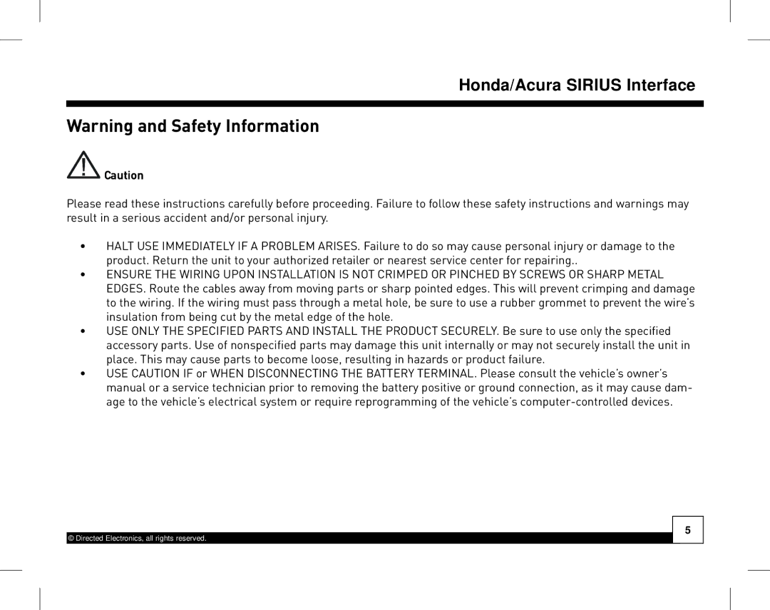 Directed Electronics HON-SC1 manual Honda/AcuraDesktop DockingSIRIUS InterfaceStation 