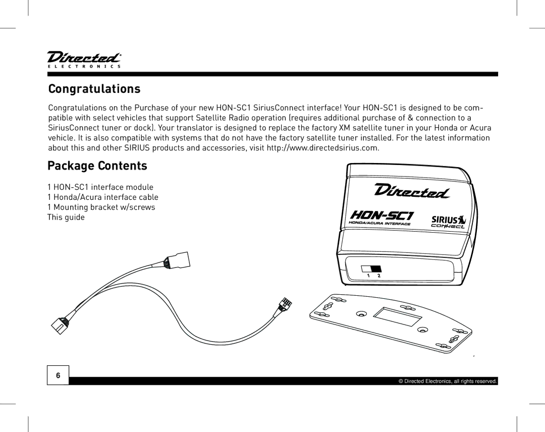 Directed Electronics HON-SC1 manual Congratulations Package Contents 