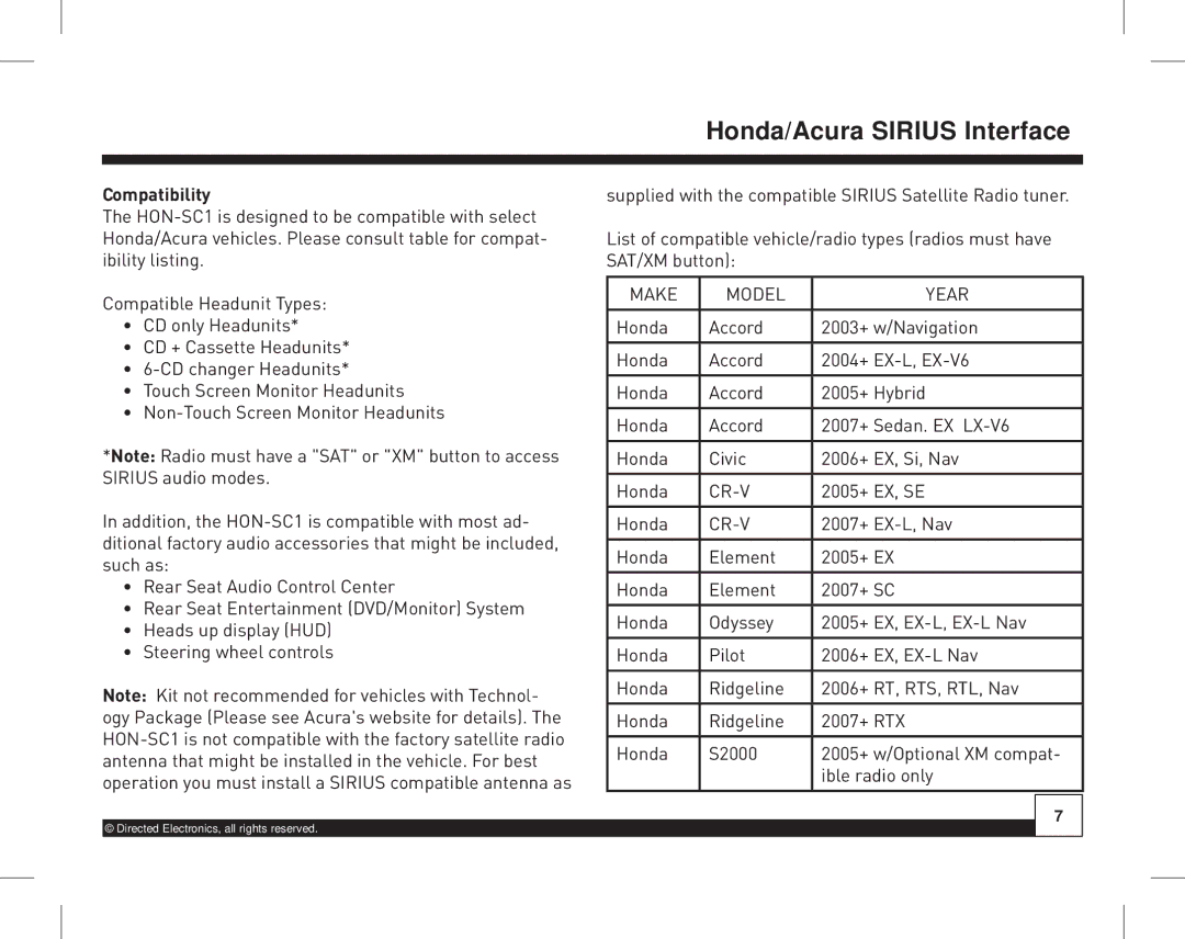 Directed Electronics HON-SC1 manual Compatibility, Make Model Year 