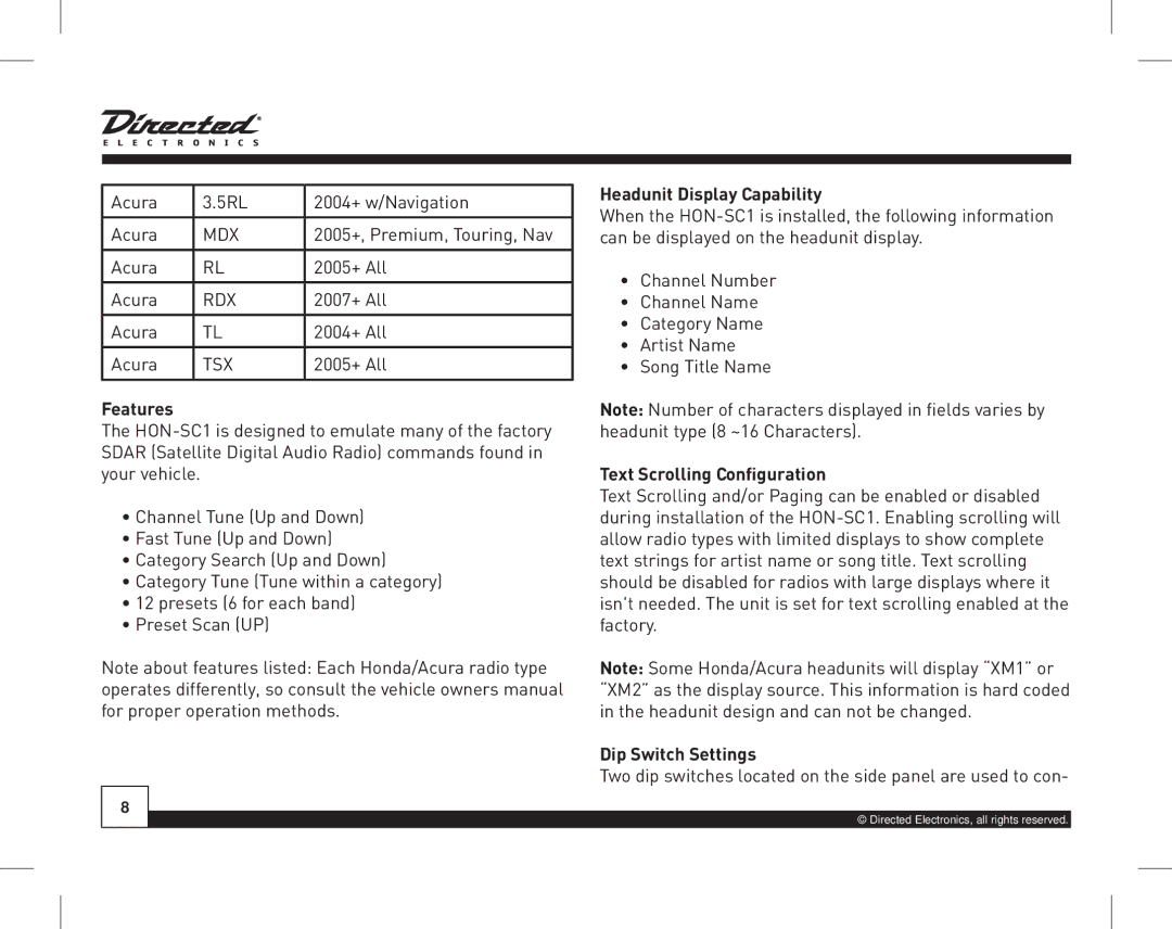Directed Electronics HON-SC1 Features, Headunit Display Capability, Text Scrolling Configuration, Dip Switch Settings 